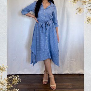 Long Sleeve Collared Polka Dot Button-Up Dress, S